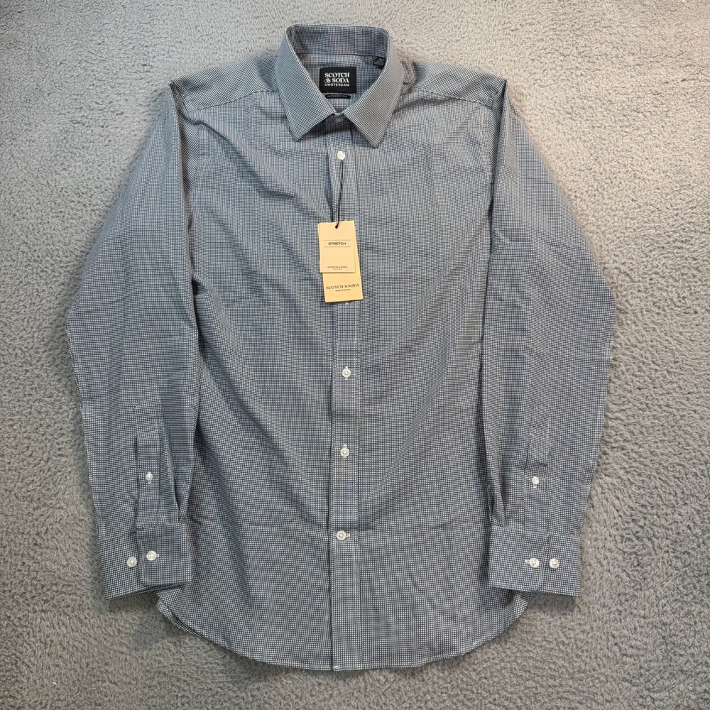 Scotch & Soda Amsterdam Modern Fit Stretch Dress Shirt Blue White Micro Dot 16.5